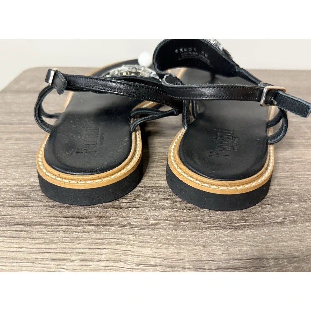 Pertini Black Jeweled Leather thong sandals ankle buckle Women's Sz 8 Made Spain